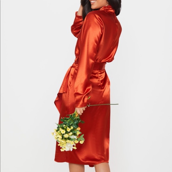 Rust Burnt Orange Satin High Neck Long Sleeve Midi Dress - Picture 2 of 8